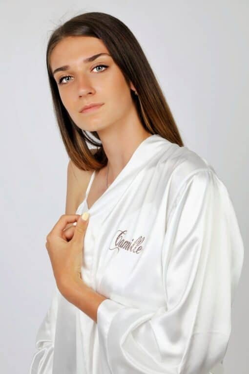 Personalised bathrobe and nightie in long satin with name in purple glitter