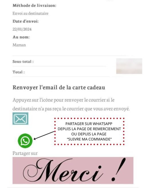 je maman t'aime gift card on the thank you page